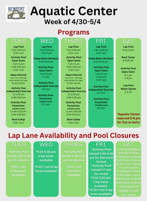 Aquatic Center schedule week of 4-30-24